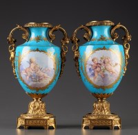 Lot 453 - A pair of Sevres style ormolu mounted vases,...