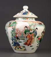 Lot 493 - A 'Famille Vert' covered jar, painted in Wucai...