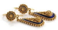 Lot 839 - A pair of yellow metal and blue enamel...