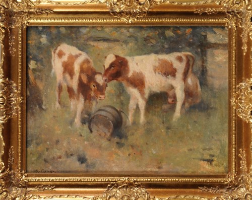 Lot 245 - Arthur Green (1894-1988) TWO CALVES BY A FENCE...