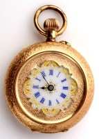 Lot 719 - A 14ct. gold and enamel fob watch, the white...