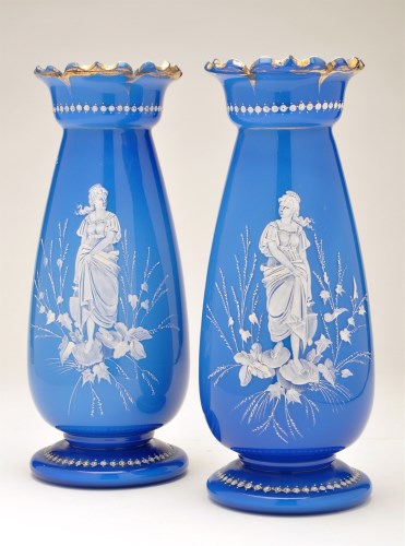 Lot 353 - Pair of blue glass cameo style vases, of...