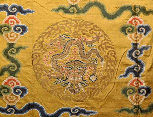 Lot 489 - Chinese metal thread woven yellow silk cover,...