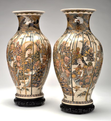 Lot 503 - Large pair of Japanese Satsuma vases, necks...