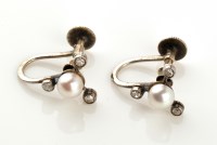 Lot 789 - A pair of cultured pearl and diamond earrings,...