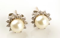 Lot 825 - A pair of cultured pearl and diamond cluster...