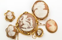 Lot 860 - A selection of six carved shell cameo brooches,...