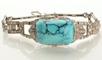 Lot 864 - An Art Deco turquoise and diamond bracelet,...