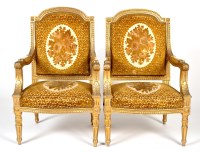 Lot 1164 - A pair of Louis XVI style giltwood armchairs,...