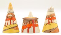 Lot 301 - Clarice Cliff: a Coral Firs condiment set,...