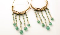 Lot 795 - A pair of Far Eastern emerald, diamond, yellow...