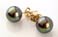 Lot 810 - A pair of black cultured pearl ear studs, each...