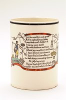 Lot 31 - Creamware coloured transfer printed mug, with...