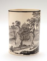 Lot 33 - Creamware transfer printed mug, with pastoral...