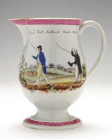 Lot 71 - Large Pearlware 'Coaching' jug, painted with ''...