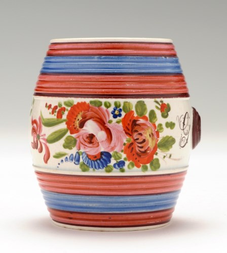 Lot 74 - Pearlware spirit barrel, painted with flowers...