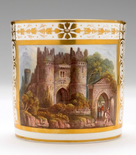 Lot 90 - Derby Porter mug, painted with picturesque...