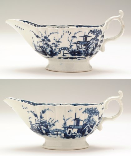 Lot 120 - Near pair of blue and white sauce boats,...