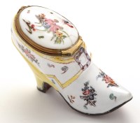 Lot 233 - English enamel shoe-shaped box, painted with...