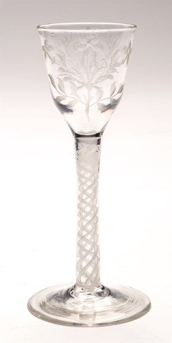 Lot 286 - Opaque twist wine glass, engraved round funnel...