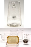 Lot 291 - Clear glass 'Railway' water jug, engraved with...