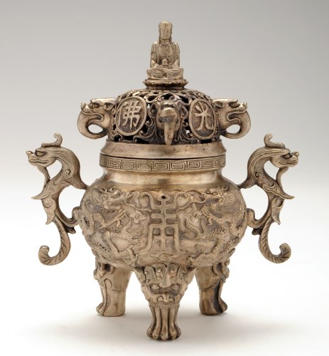 Lot 310 - Chinese silvered incense burner and cover, the...