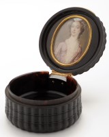 Lot 441 - Moulded tortoiseshell snuff box, circular with...