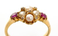 Lot 915 - A pearl, diamond and ruby ring, the four...