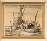 Lot 140 - Roger Pinch A BEACHED SAILING BARGE LOADING...