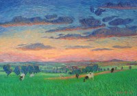 Lot 324 - Hugh Miller COWS GRAZING AT SUNSET signed oil...