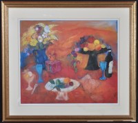 Lot 1265 - After Ann Oram ''Red still-life with fruit and...