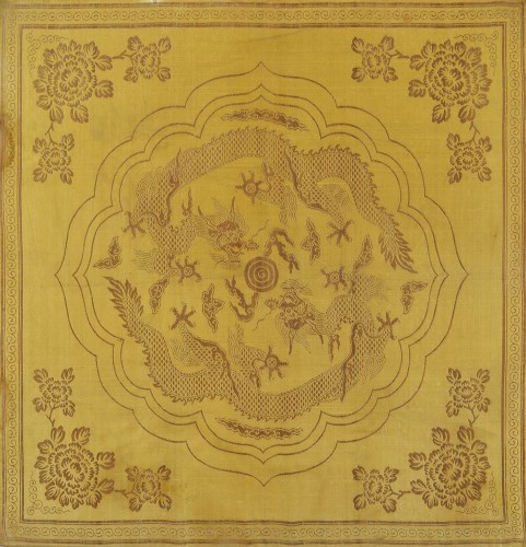 Lot 60 - Chinese yellow silk and metal thread 'Dragon'...