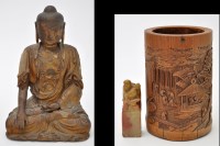 Lot 63 - Chinese carved giltwood Buddha, seated in...