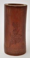Lot 69 - Carved Chinese bamboo brush pot, with flower...