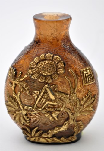 Lot 71 - Chinese part gilt cut brown glass snuff bottle,...