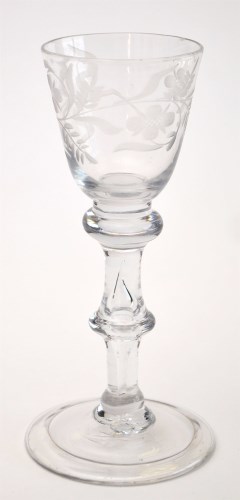 Lot 92 - Engraved baluster wine glass, round funnel...