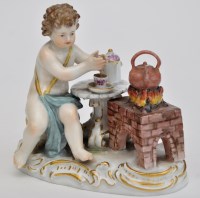 Lot 146 - Meissen figure of a putto whisking chocolate,...