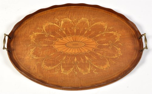 Lot 303 - An Edwardian satinwood and marquetry tea tray,...