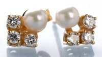 Lot 804 - A pair of cultured pearl and diamond earrings,...