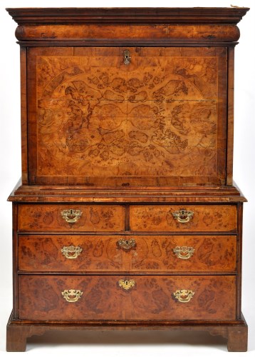 Lot 1015 - A George II burr walnut secretaire a abattant,...