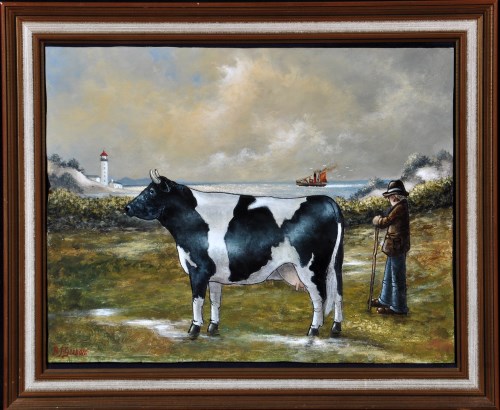 Lot 32 - Brian J. Gordon ''Man with black and white cow'...