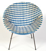 Lot 4 - A blue and white rattan chair, on metal frame,...
