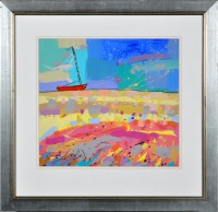 Lot 364 - Sally Carlow ''RED BOAT AND SAND BAR'' signed;...