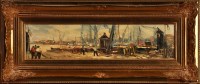 Lot 216 - 20th Century British School A busy harbour oil...