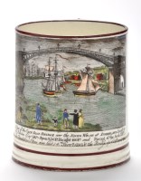 Lot 364 - Coloured printed creamware mug of 'North-East'...