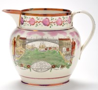 Lot 366 - Lusterware coloured printed creamware jug of...