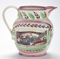 Lot 367 - Lustreware coloured printed creamware jug of...