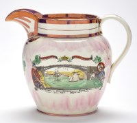 Lot 368 - Lustreware coloured printed creamware jug of...