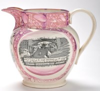 Lot 380 - Marbled lustreware printed pearlware jug of...