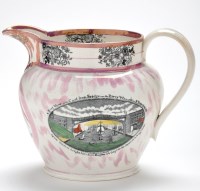 Lot 384 - Lustreware coloured printed pearlware jug of...